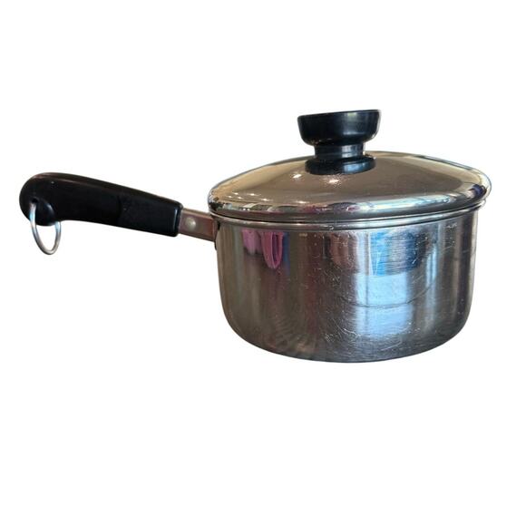 Vintage Revere Ware Stainless Steel 1 Quart Sauce Pan Pot With Lid Black Handle - Picture 1 of 5